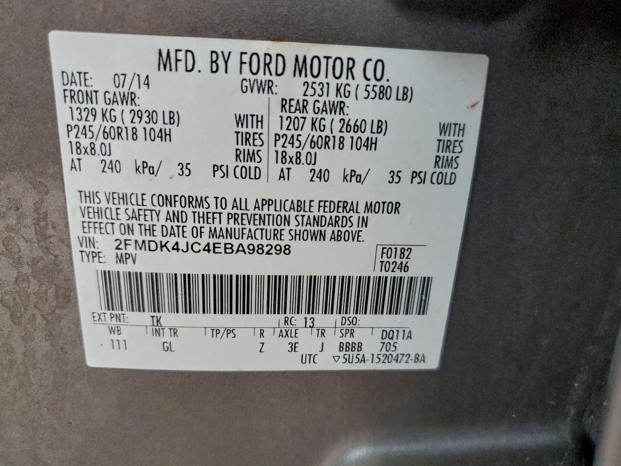 2014 Ford Edge Sel VIN: 2FMDK4JC4EBA98298 Lot: 93927955