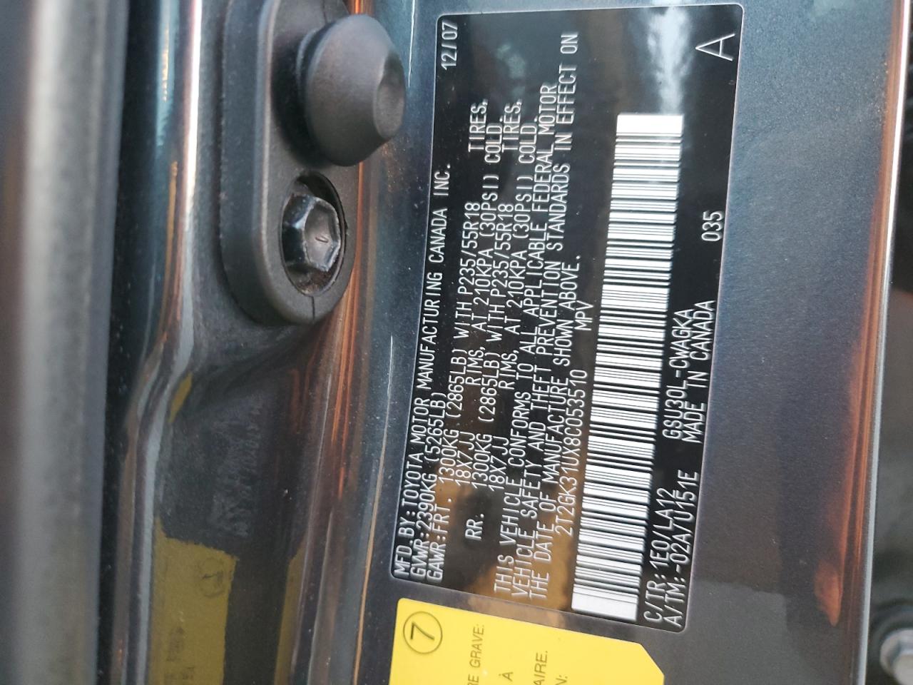 2008 Lexus Rx 350 VIN: 2T2GK31UX8C053510 Lot: 90501835