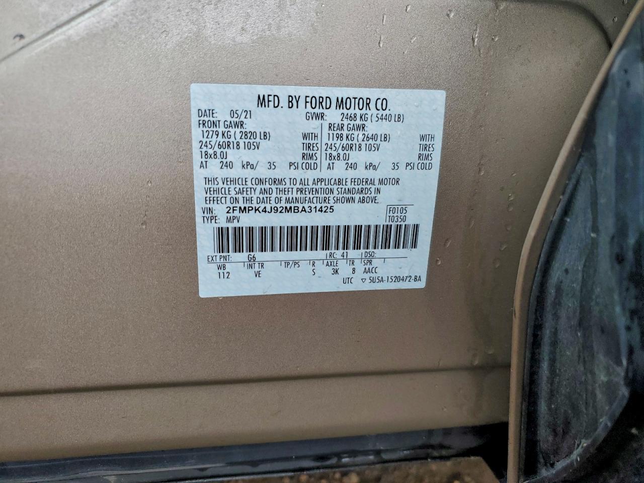 2021 Ford Edge Sel VIN: 2FMPK4J92MBA31425 Lot: 94333045