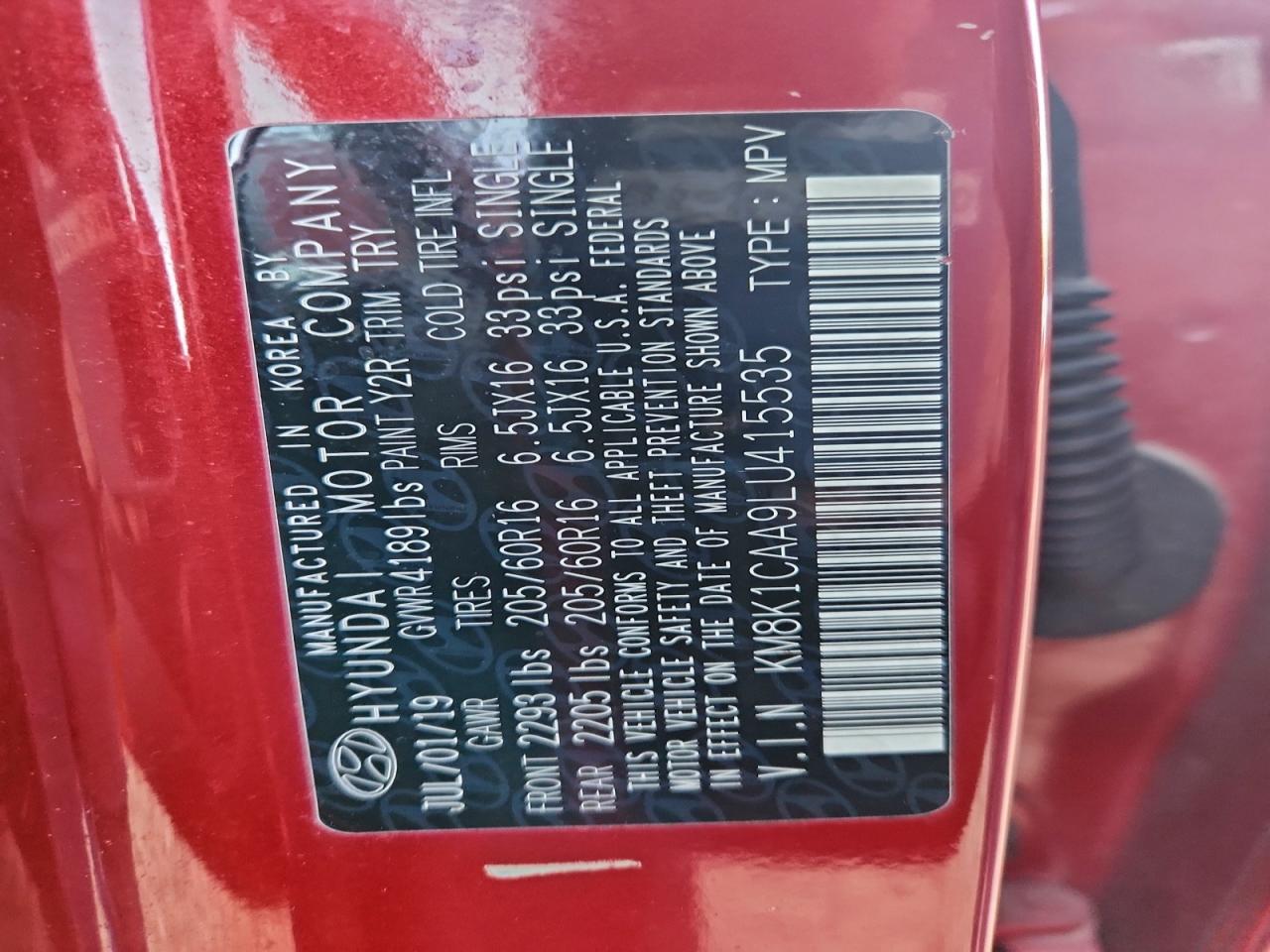 2020 Hyundai Kona Se VIN: KM8K1CAA9LU415535 Lot: 94382575