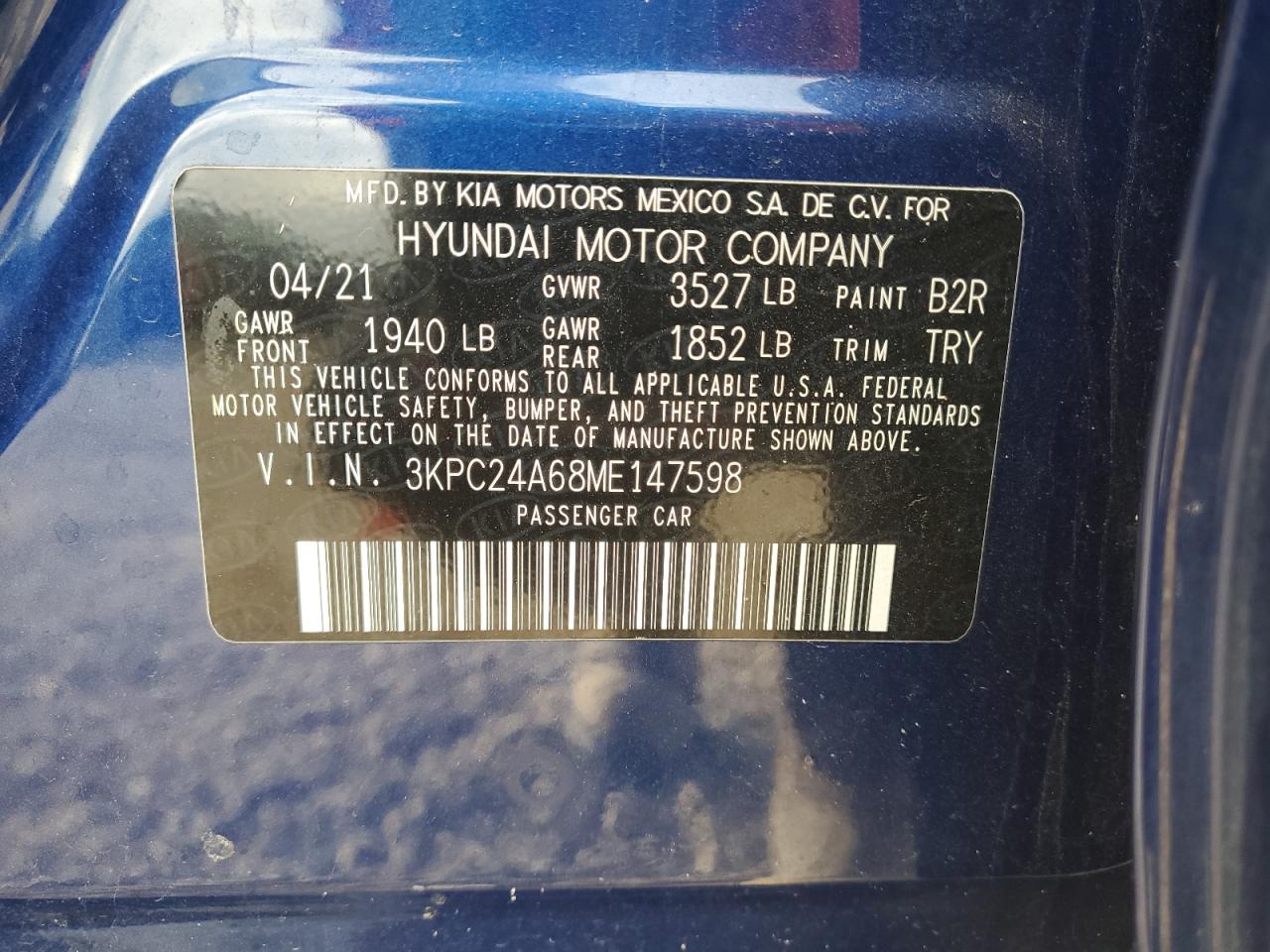 2021 Hyundai Accent Se VIN: 3KPC24A68ME147598 Lot: 91606795