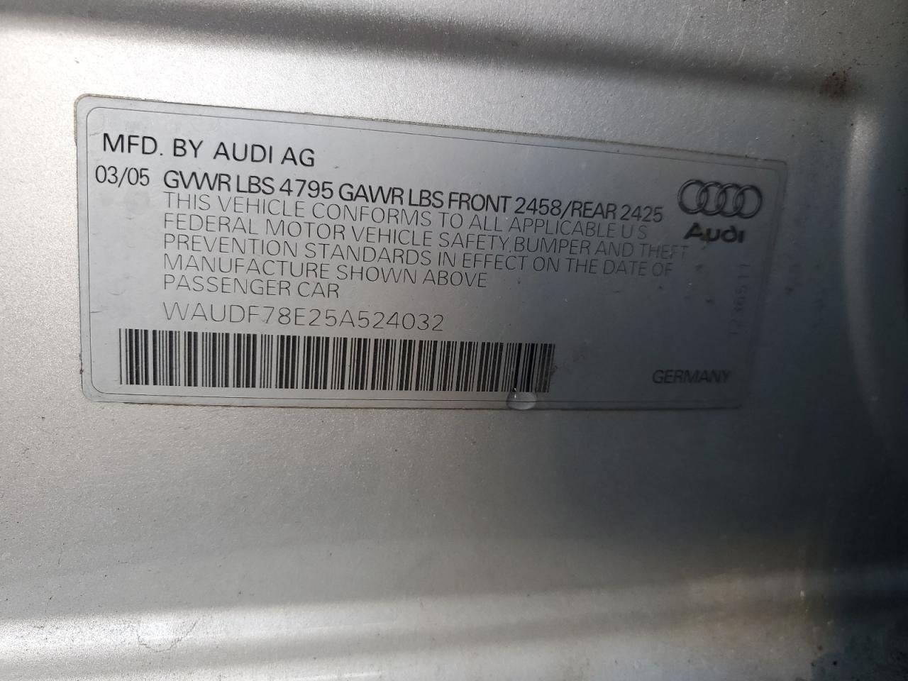 2005 Audi A4 2.0T Quattro VIN: WAUDF78E25A524032 Lot: 92740685