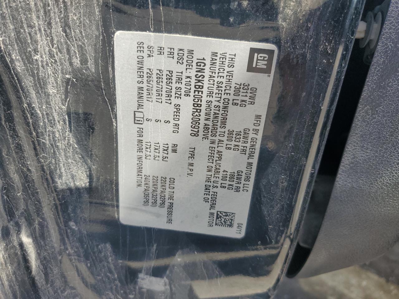 2011 Chevrolet Tahoe K1500 Lt VIN: 1GNSKBE05BR306978 Lot: 91231425