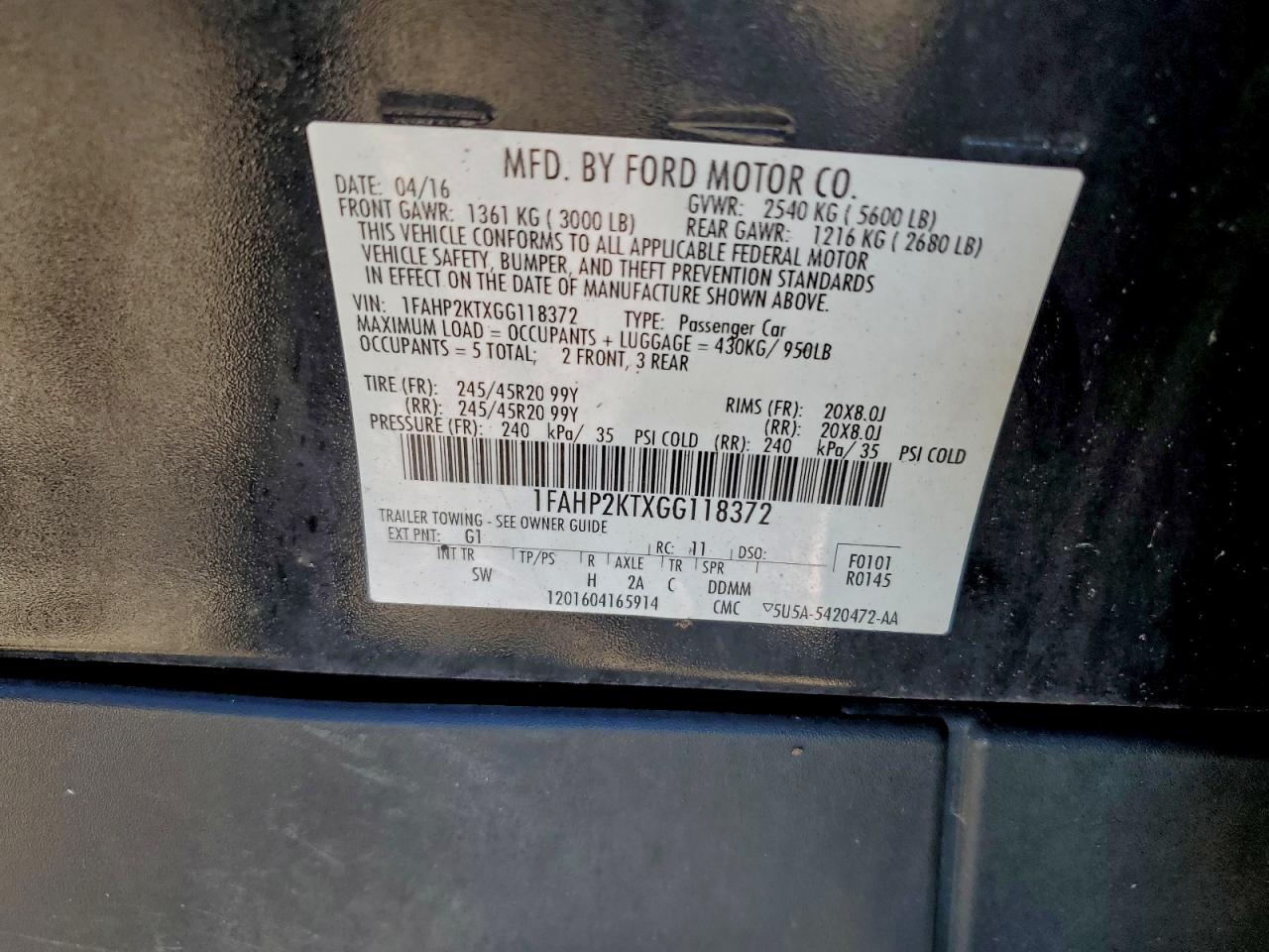 2016 Ford Taurus Sho VIN: 1FAHP2KTXGG118372 Lot: 94572135