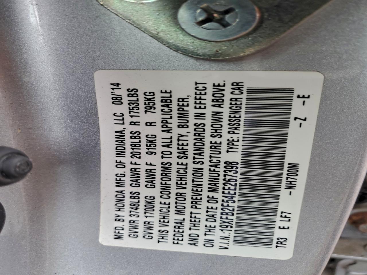 2014 Honda Civic Lx VIN: 19XFB2F54EE267398 Lot: 94149015