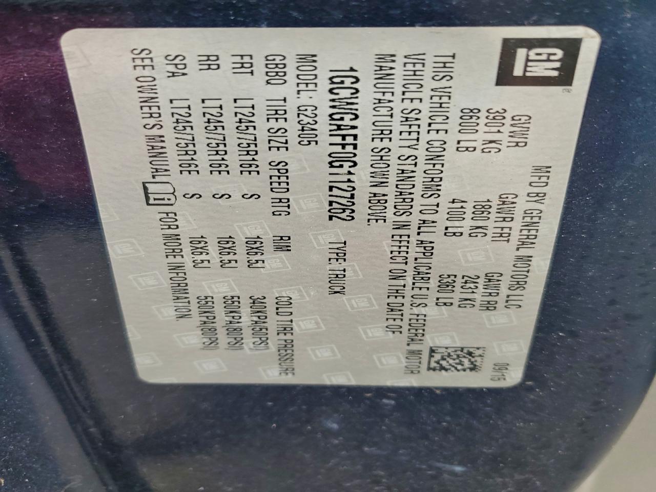 2016 Chevrolet Express G2500 VIN: 1GCWGAFF0G1127262 Lot: 93668885