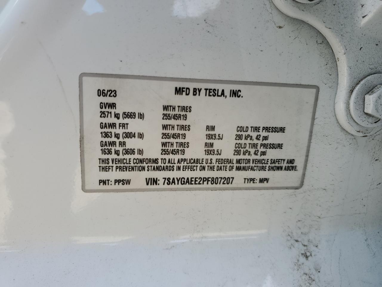 2023 Tesla Model Y VIN: 7SAYGAEE2PF807207 Lot: 90986795