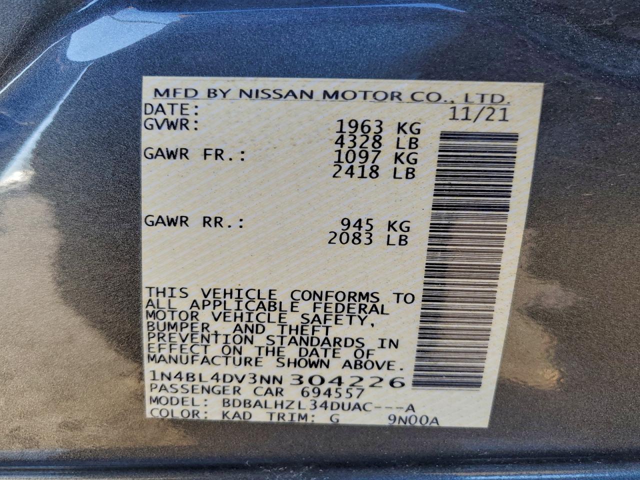 2022 Nissan Altima Sv VIN: 1N4BL4DV3NN304226 Lot: 94045915