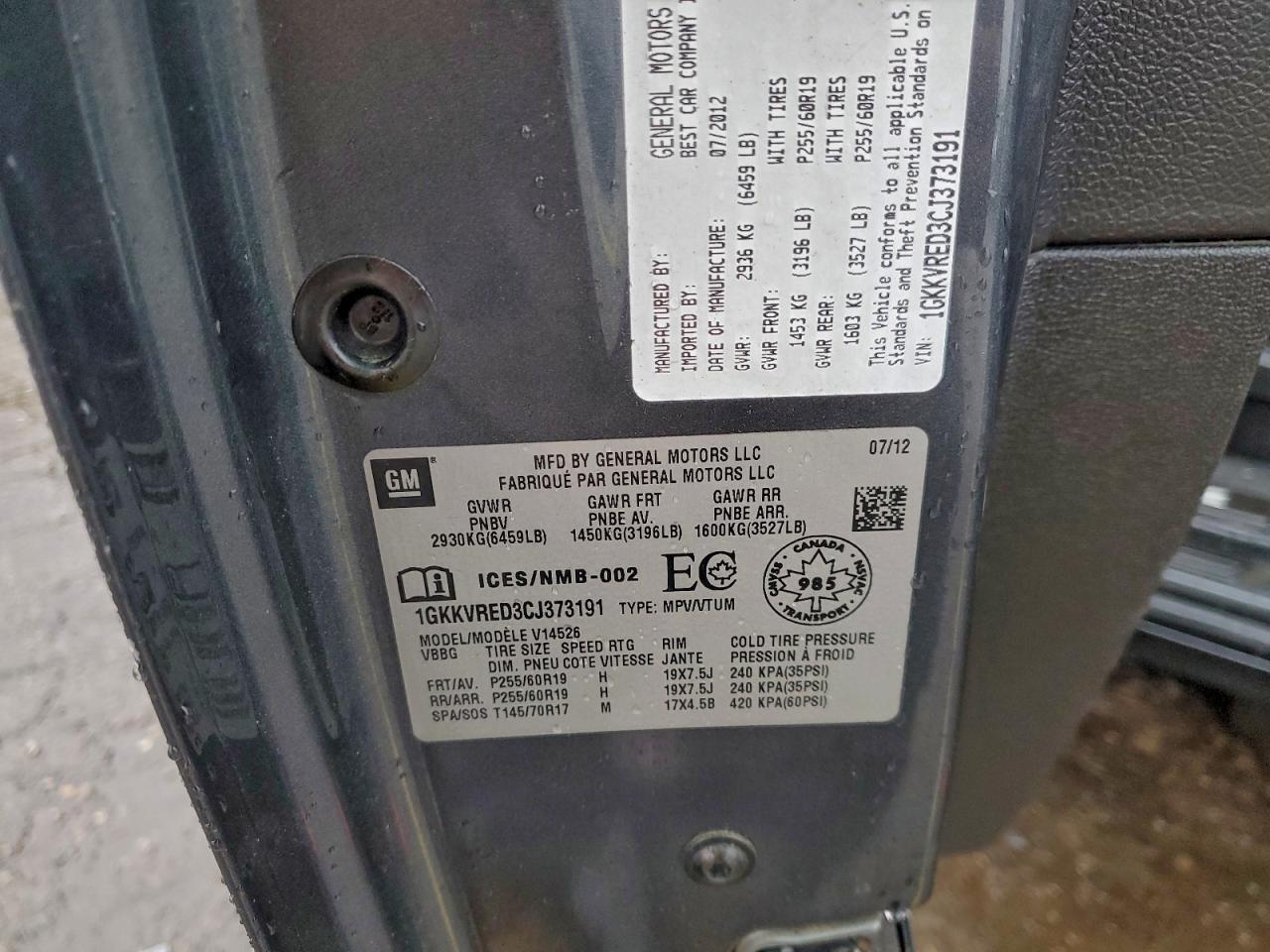 2012 GMC Acadia Slt-1 VIN: 1GKKVRED3CJ373191 Lot: 94245755
