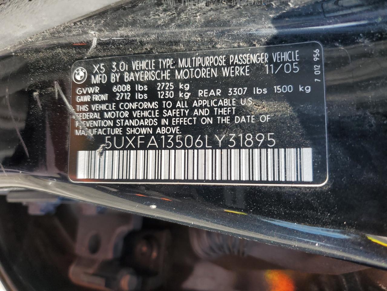 2006 BMW X5 3.0I VIN: 5UXFA13506LY31895 Lot: 93334735