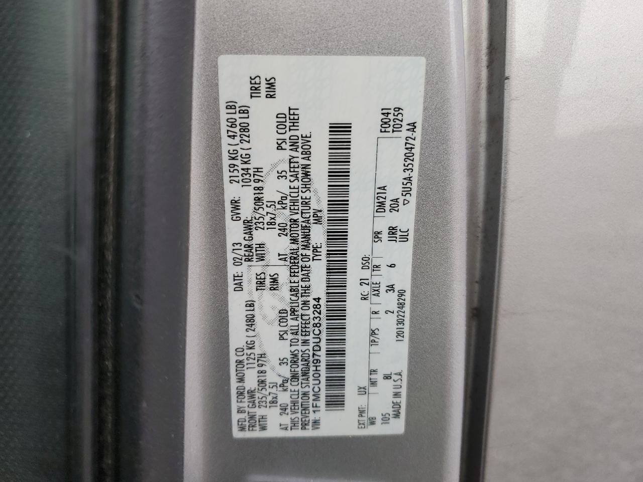 2013 Ford Escape Sel VIN: 1FMCU0H97DUC83284 Lot: 93674515