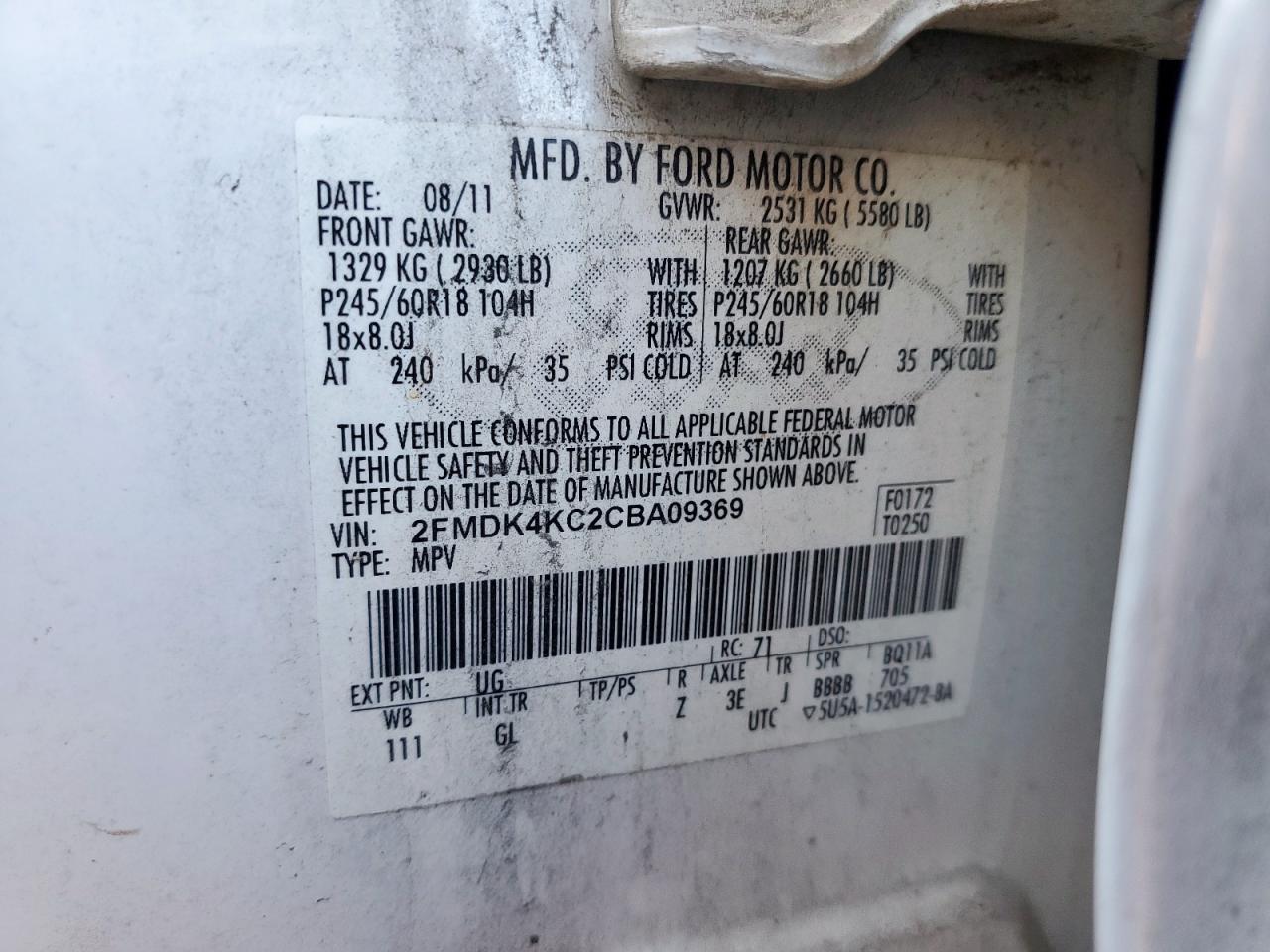 2012 Ford Edge Limited VIN: 2FMDK4KC2CBA09369 Lot: 91134845