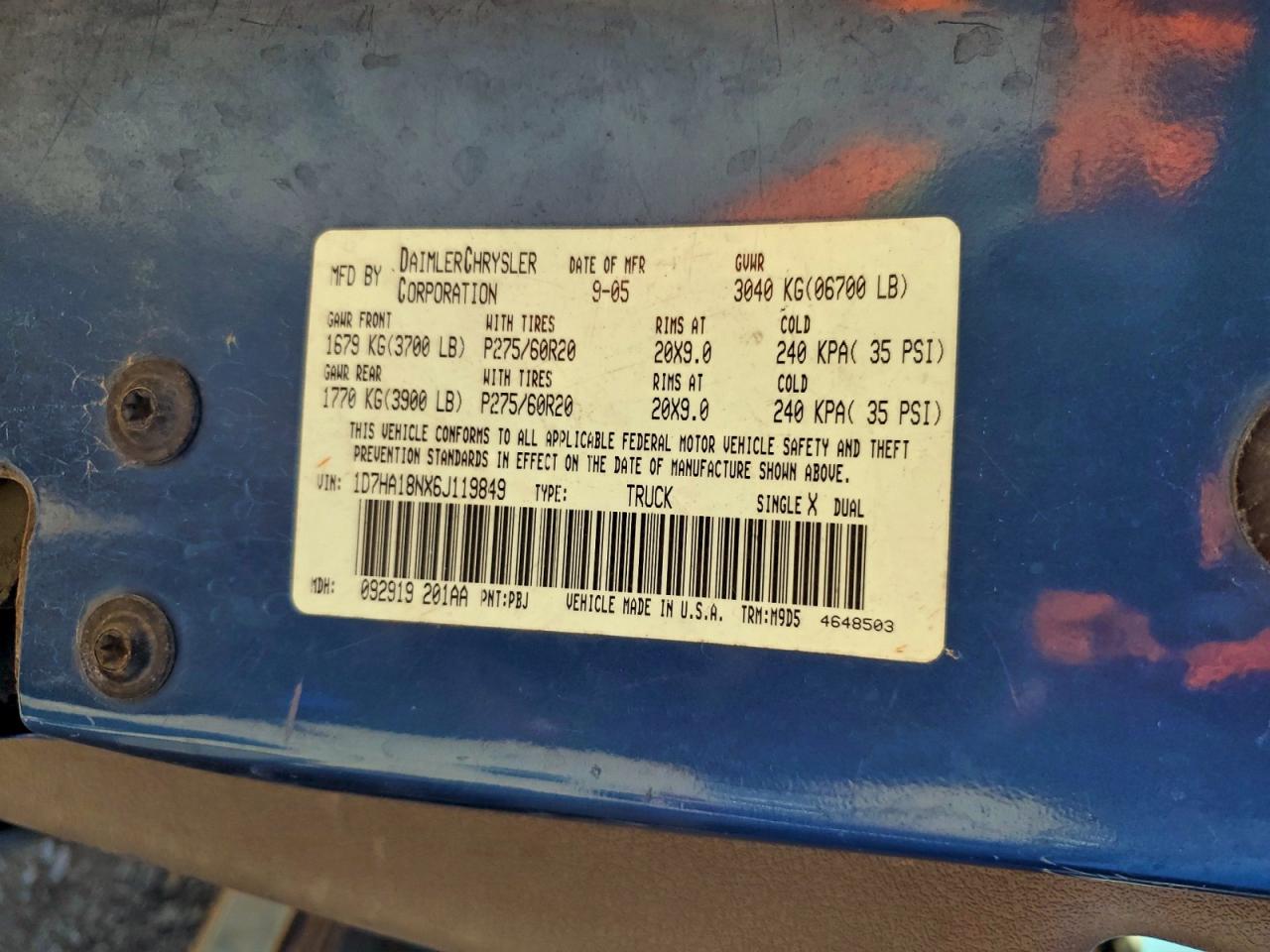 2006 Dodge Ram 1500 St VIN: 1D7HA18NX6J119849 Lot: 94103185