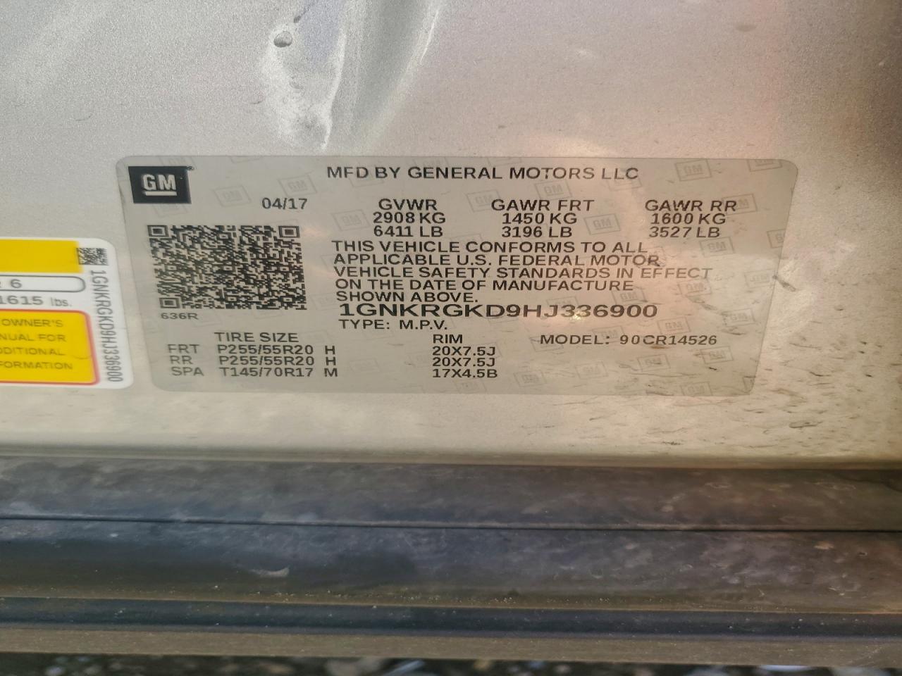 2017 Chevrolet Traverse Lt VIN: 1GNKRGKD9HJ336900 Lot: 94117865