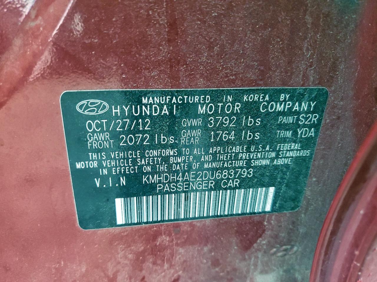 2013 Hyundai Elantra Gls VIN: KMHDH4AE2DU683793 Lot: 94608025