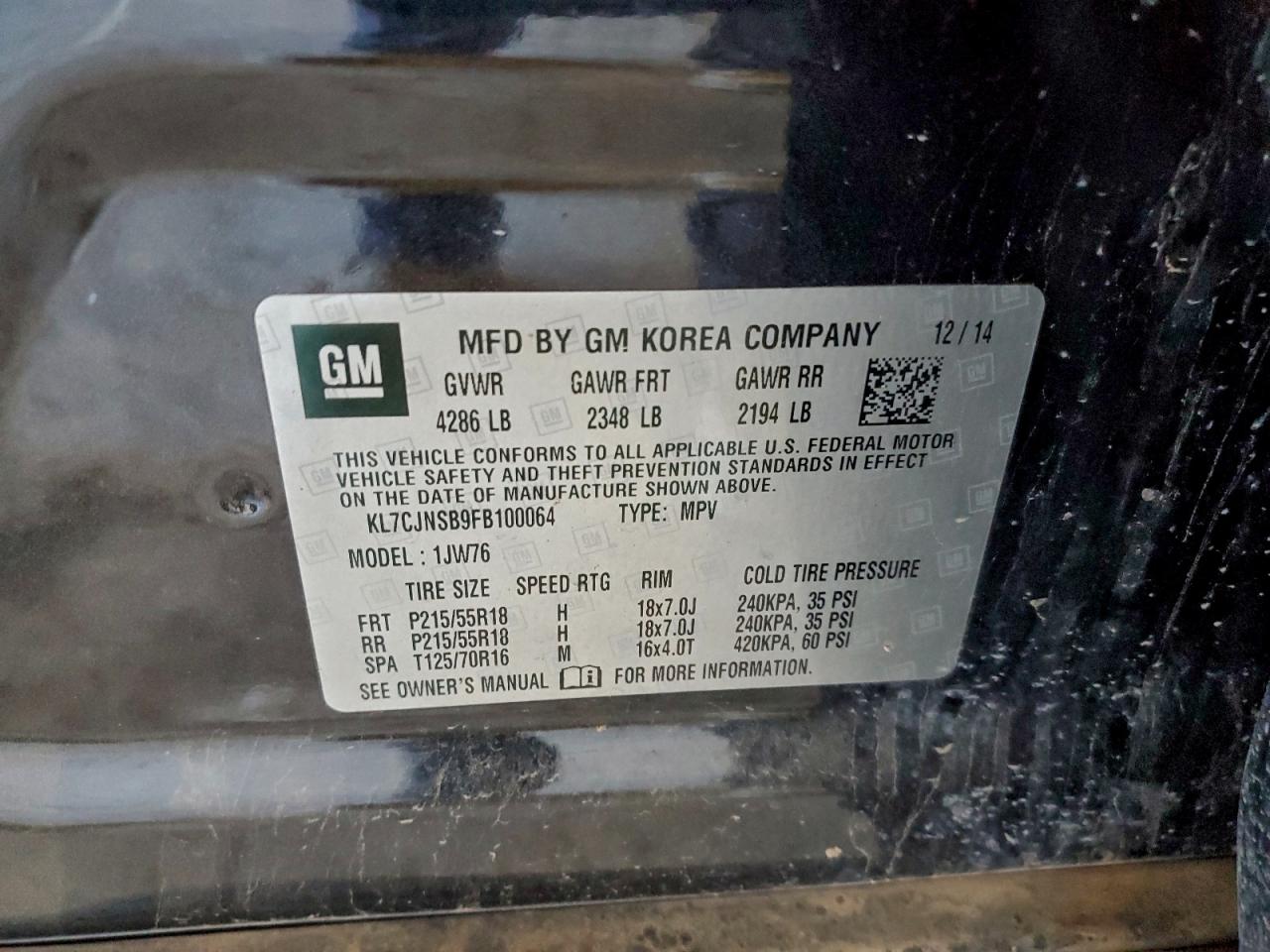 2015 Chevrolet Trax Ltz VIN: KL7CJNSB9FB100064 Lot: 94052825