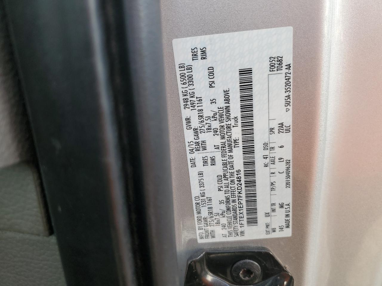 2015 Ford F150 Super Cab VIN: 1FTEX1EP7FKD24816 Lot: 93000875