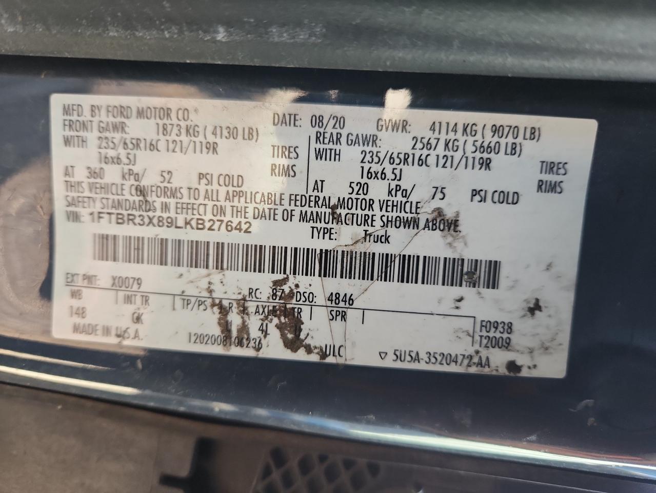 2020 Ford Transit T-250 Delivery Van VIN: 1FTBR3X89LKB27642 Lot: 87413645