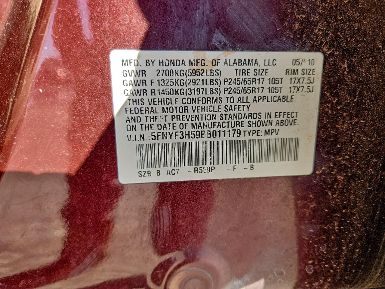 2011 Honda Pilot Exl VIN: 5FNYF3H59BB011179 Lot: 94801945