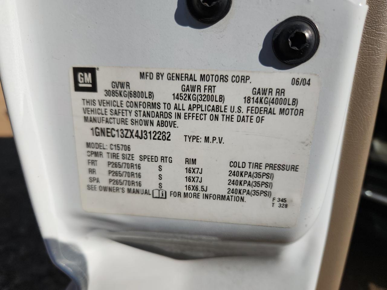 2004 Chevrolet Tahoe C1500 VIN: 1GNEC13ZX4J312282 Lot: 92598595