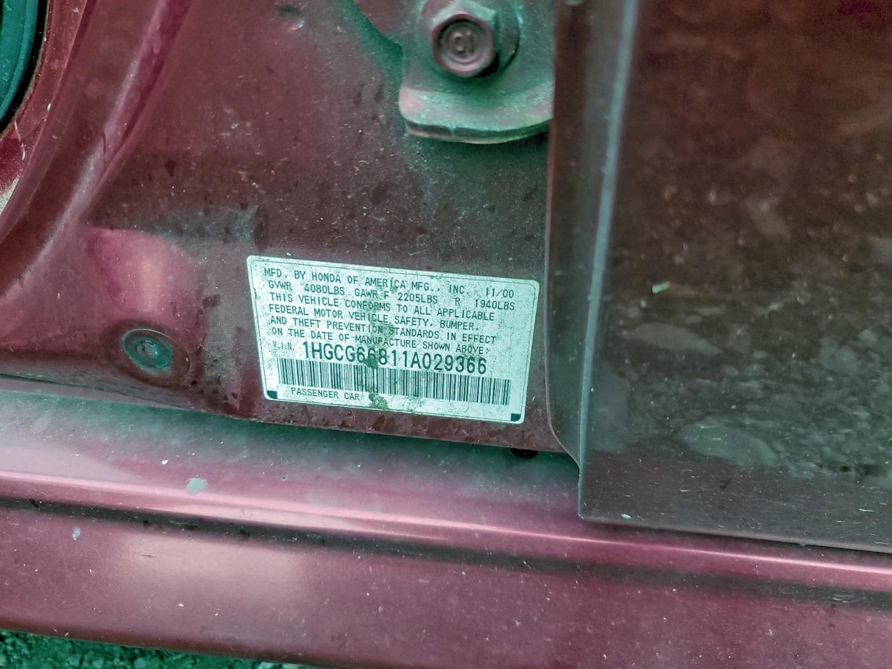 2001 Honda Accord Ex VIN: 1HGCG66811A029366 Lot: 93648165