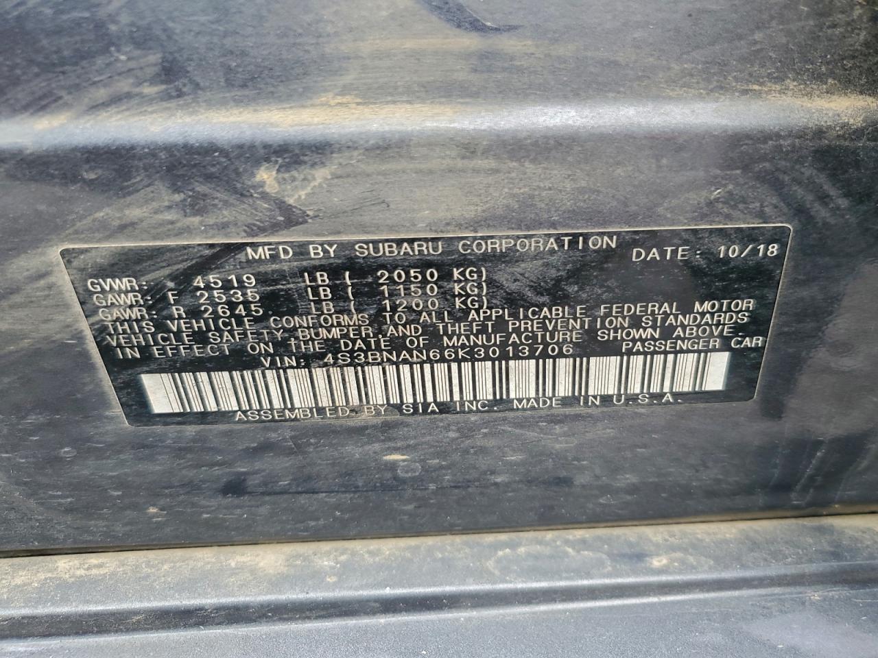 2019 Subaru Legacy 2.5I Limited VIN: 4S3BNAN66K3013706 Lot: 94024835