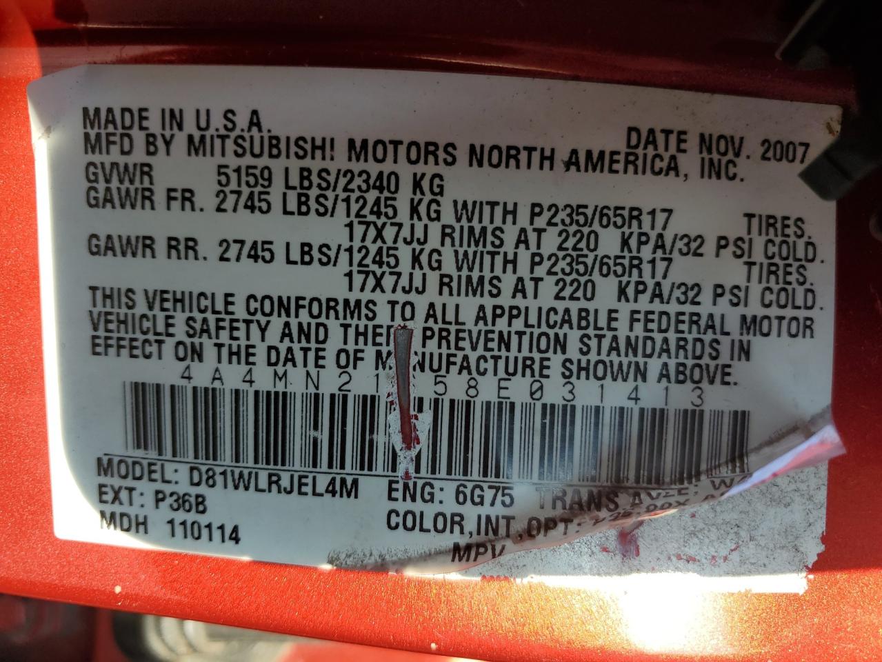 2008 Mitsubishi Endeavor Ls VIN: 4A4MN21S58E031413 Lot: 91505065