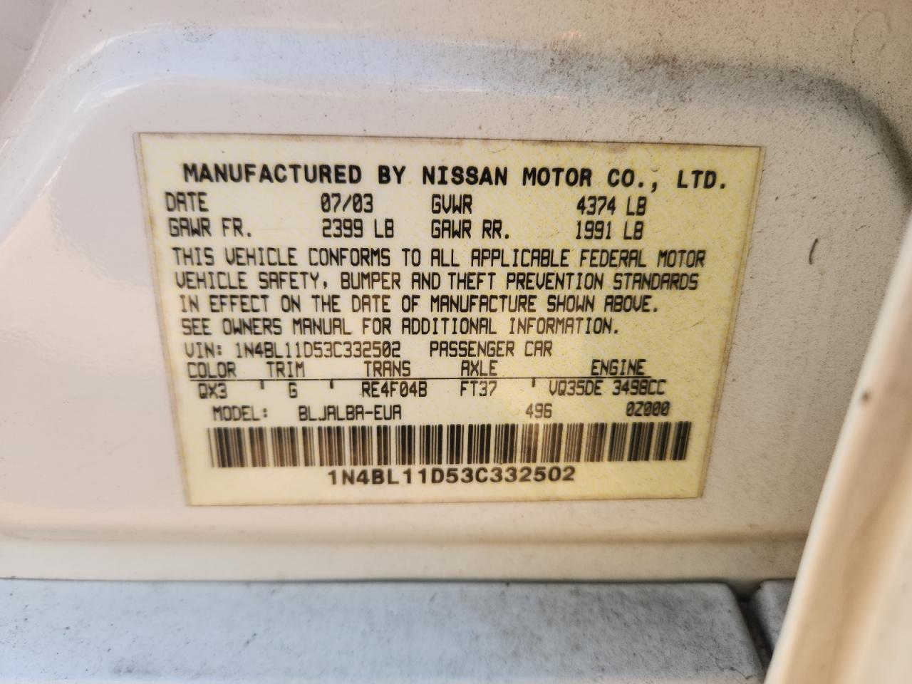 2003 Nissan Altima Se VIN: 1N4BL11D53C332502 Lot: 92620525