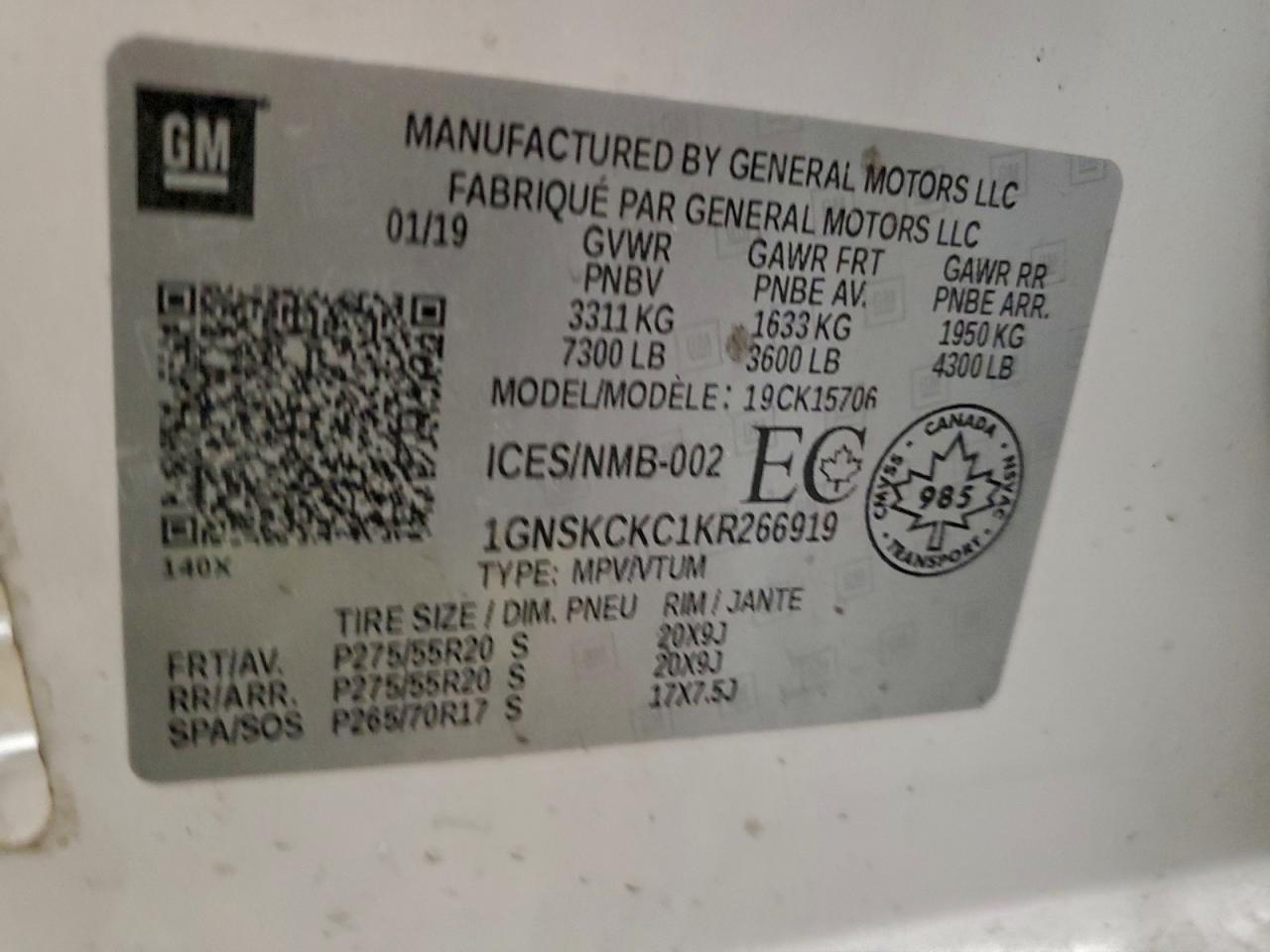 2019 Chevrolet Tahoe K1500 Premier VIN: 1GNSKCKC1KR266919 Lot: 93896745