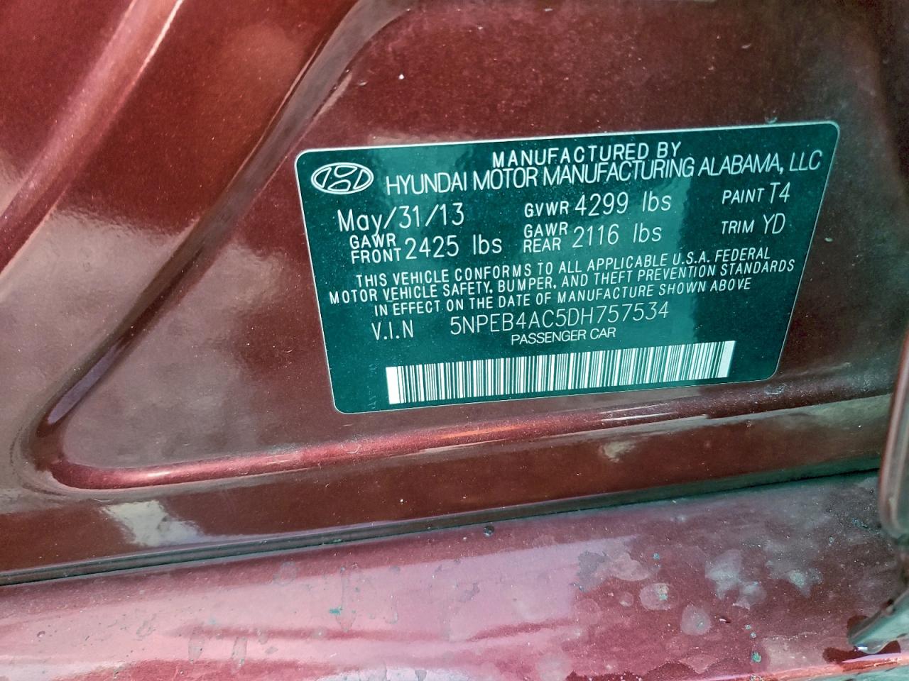 2013 Hyundai Sonata Gls VIN: 5NPEB4AC5DH757534 Lot: 94129365