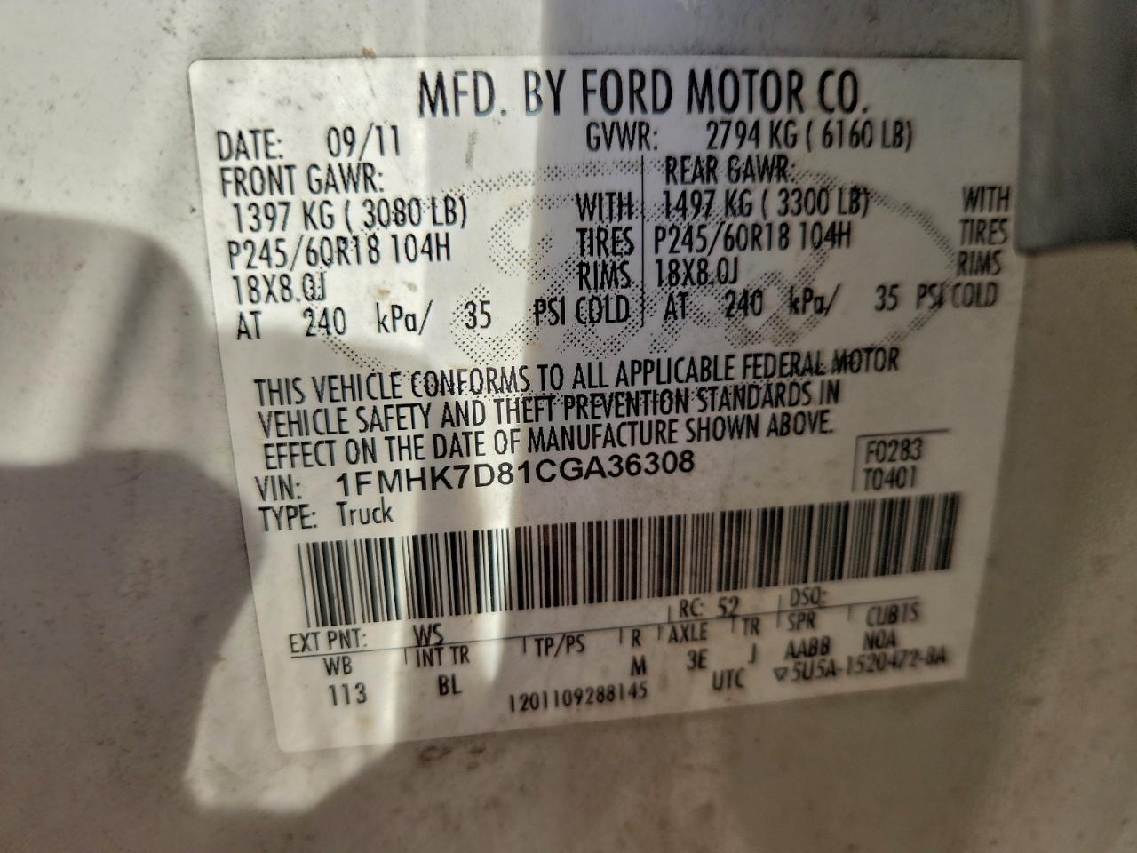 2012 Ford Explorer Xlt VIN: 1FMHK7D81CGA36308 Lot: 94758785