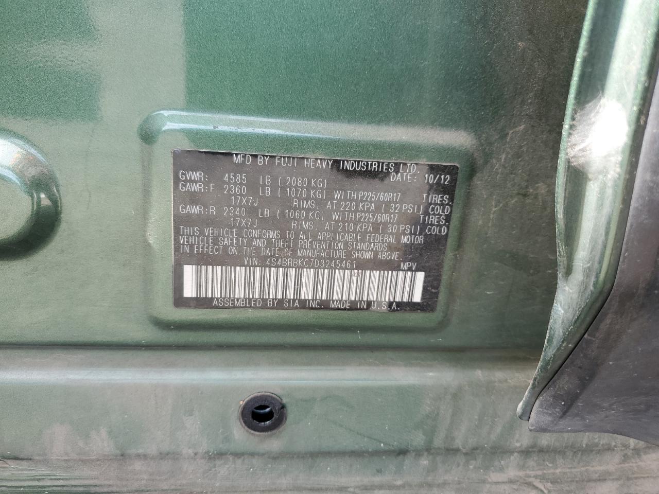 2013 Subaru Outback 2.5I Limited VIN: 4S4BRBKC7D3245461 Lot: 91907075