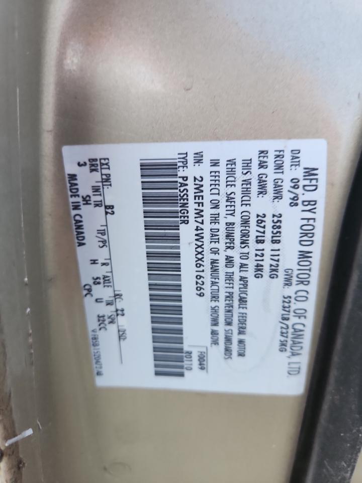 1999 Mercury Grand Marquis Gs VIN: 2MEFM74WXXX616269 Lot: 92629125