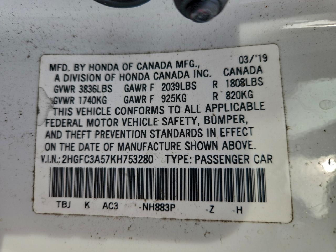 2019 Honda Civic Si VIN: 2HGFC3A57KH753280 Lot: 93957835