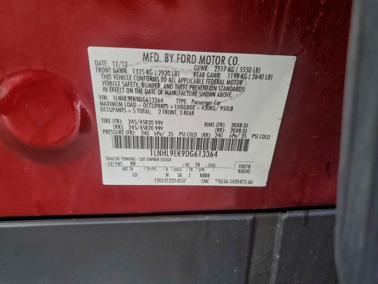 2013 Lincoln Mks VIN: 1LNHL9EK9DG613364 Lot: 94211785