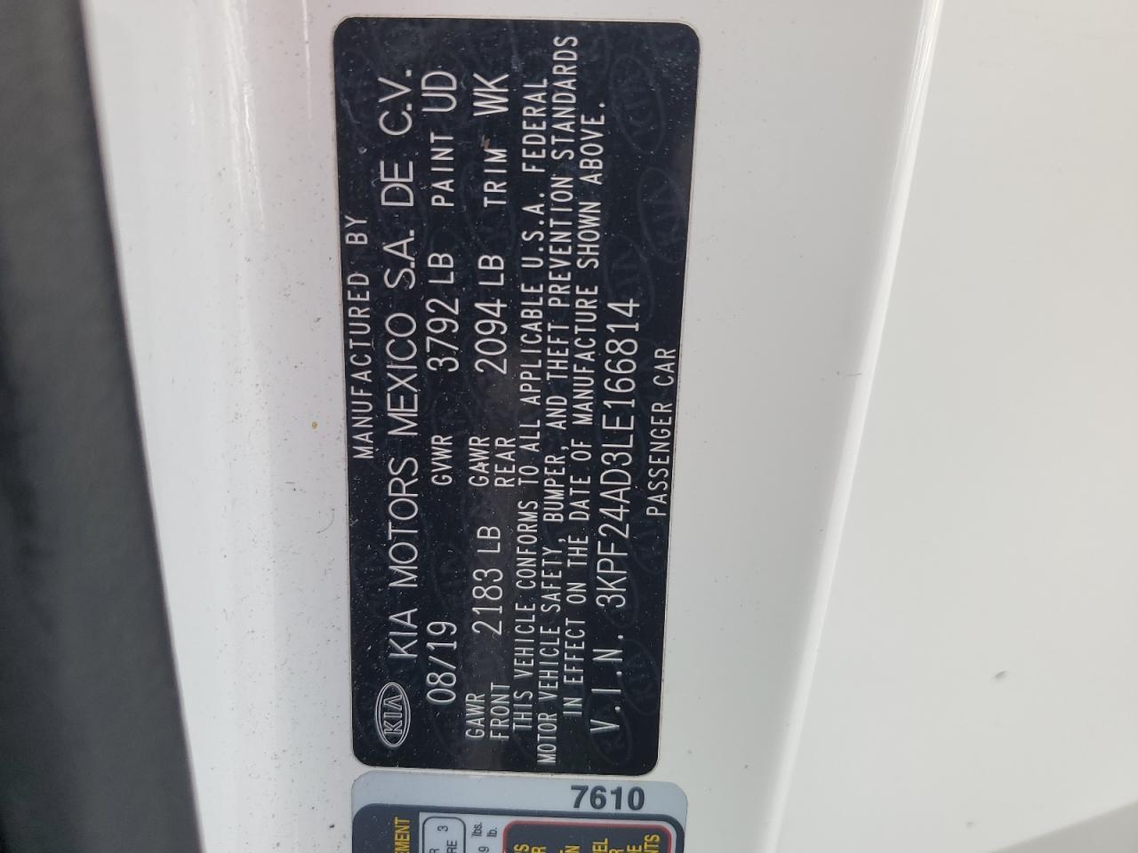 2020 Kia Forte Fe VIN: 3KPF24AD3LE166814 Lot: 92709175