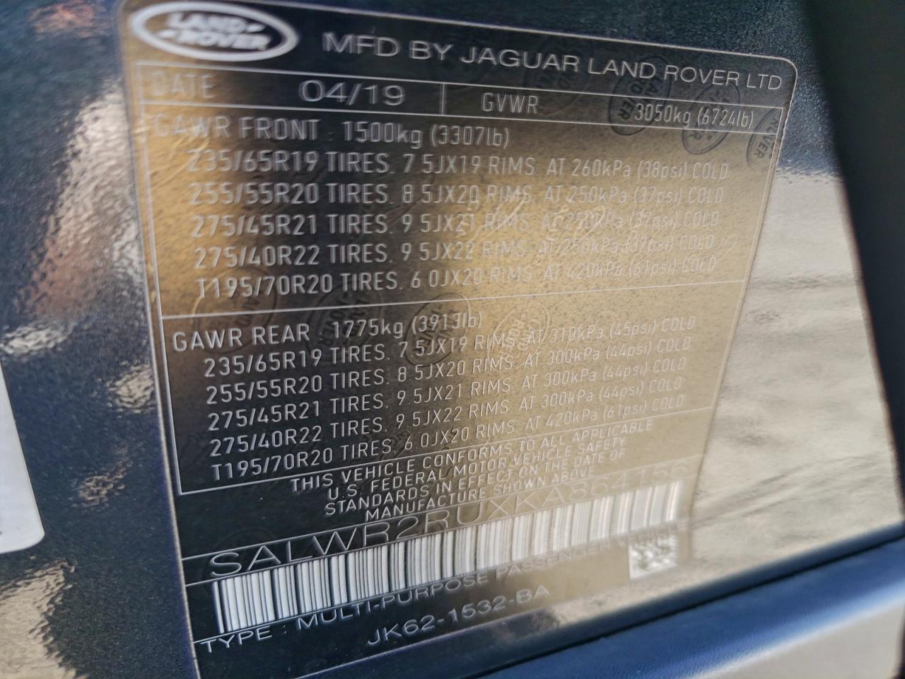 2019 Land Rover Range Rover Sport Hse VIN: SALWR2RUXKA864156 Lot: 94315755