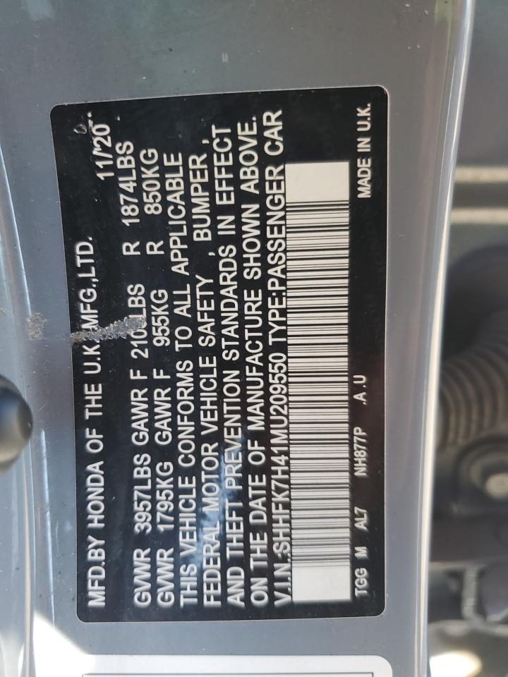 2021 Honda Civic Sport VIN: SHHFK7H41MU209550 Lot: 91227505