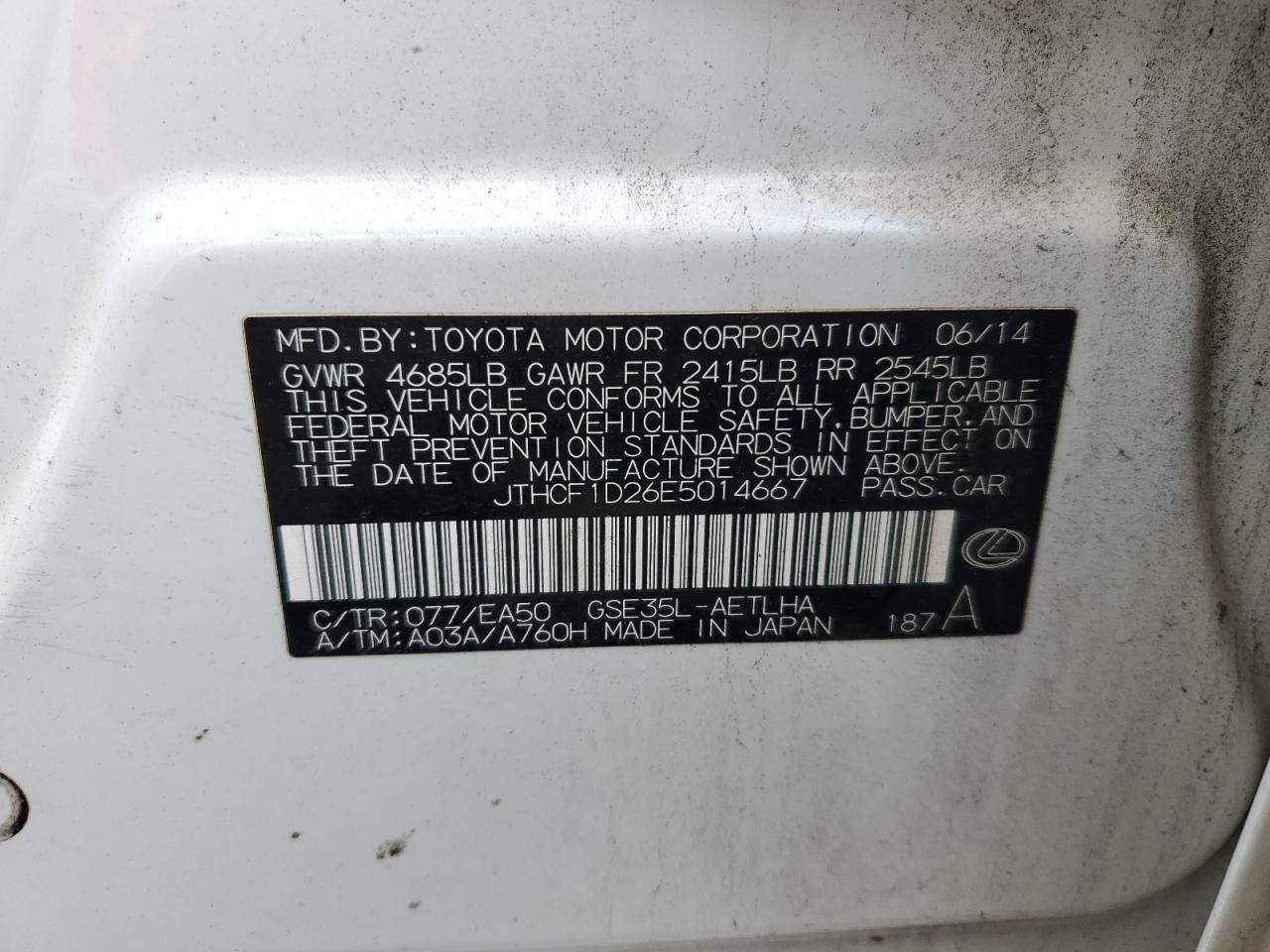 2014 Lexus Is 250 VIN: JTHCF1D26E5014667 Lot: 91652845