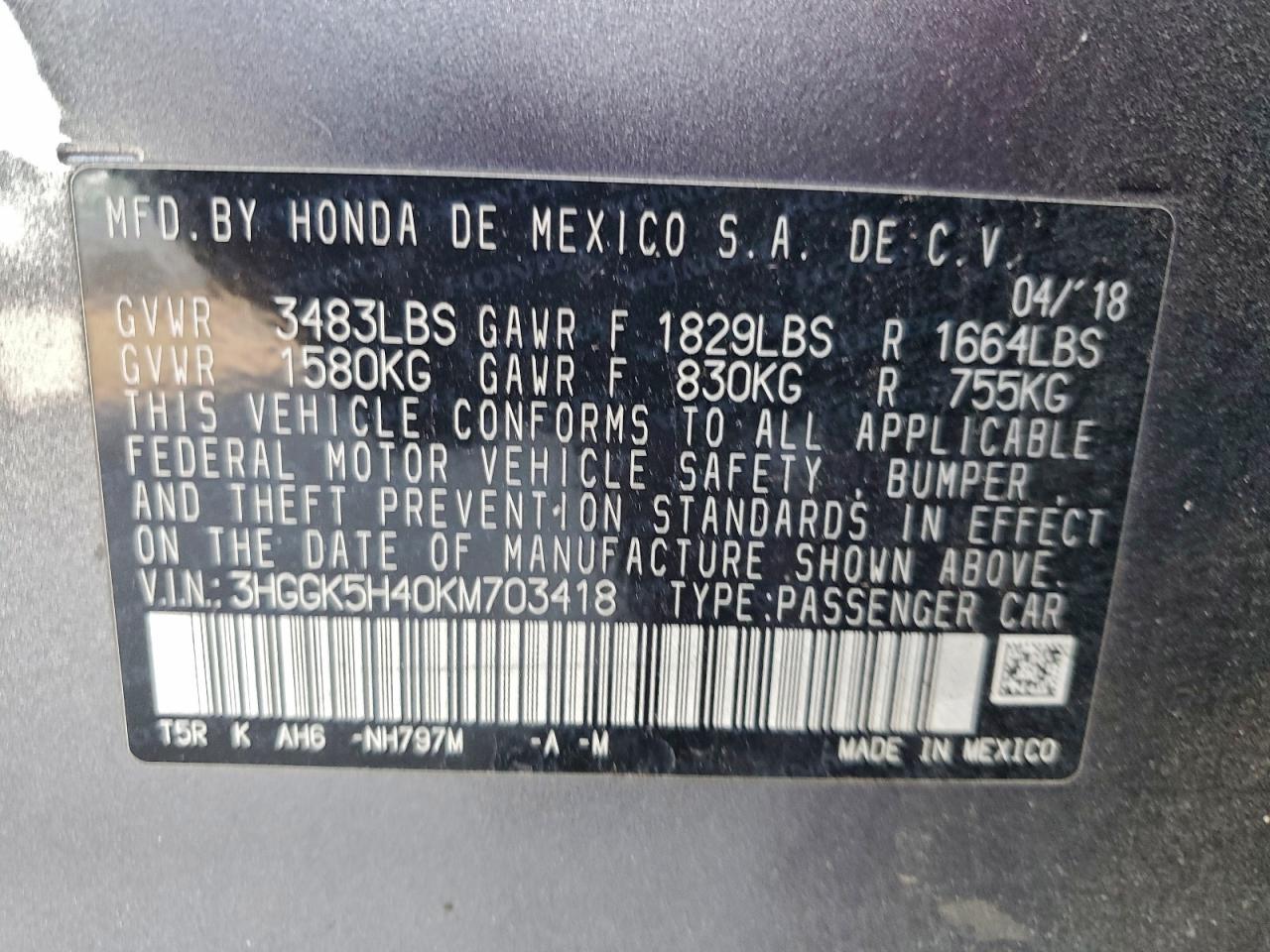 2019 Honda Fit Lx VIN: 3HGGK5H40KM703418 Lot: 93977425