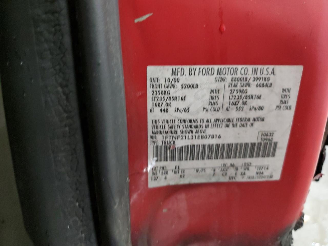 2001 Ford F250 Super Duty VIN: 1FTNF21L31EB07816 Lot: 92650315