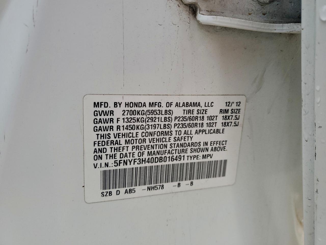 2013 Honda Pilot Ex VIN: 5FNYF3H40DB016491 Lot: 93973555