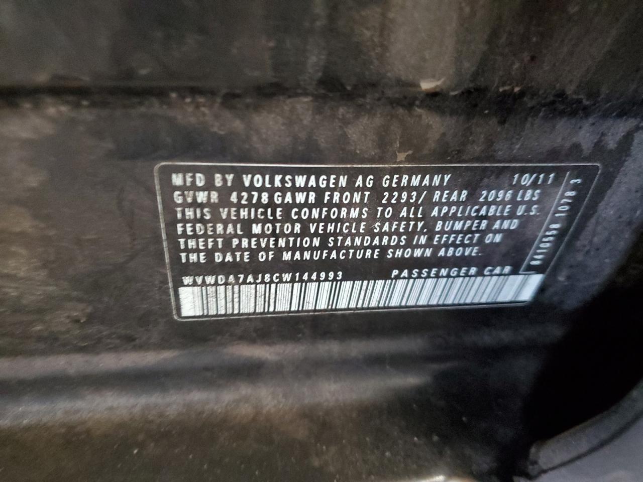 2012 Volkswagen Golf VIN: WVWDA7AJ8CW144993 Lot: 93012275