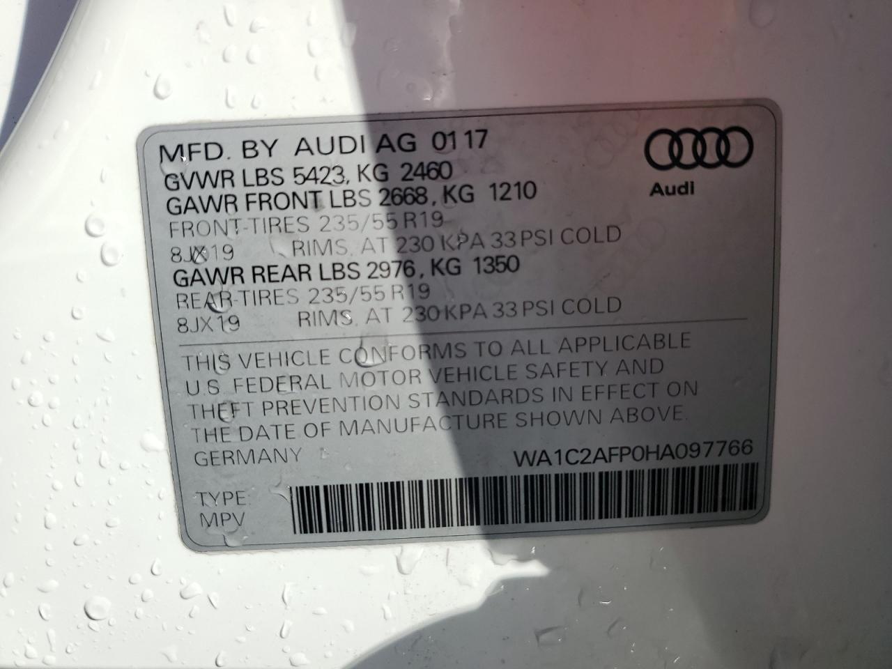 2017 Audi Q5 Premium VIN: WA1C2AFP0HA097766 Lot: 93631845