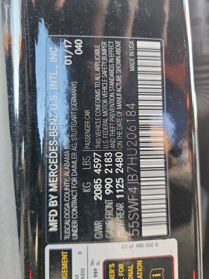 2017 Mercedes-Benz C 300 VIN: 55SWF4JB7HU206184 Lot: 91880715