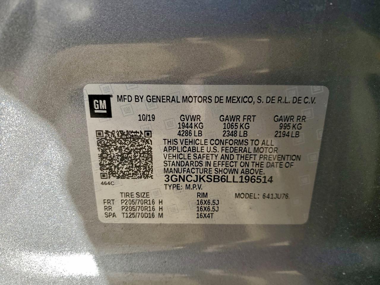 2020 Chevrolet Trax Ls VIN: 3GNCJKSB6LL196514 Lot: 94344945