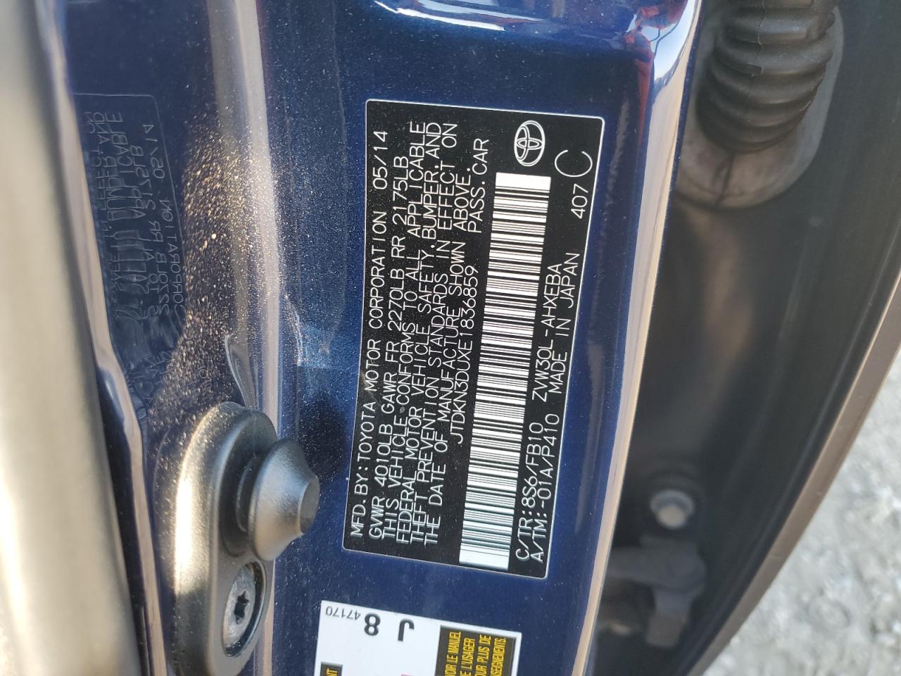 2014 Toyota Prius VIN: JTDKN3DUXE1836859 Lot: 92448365