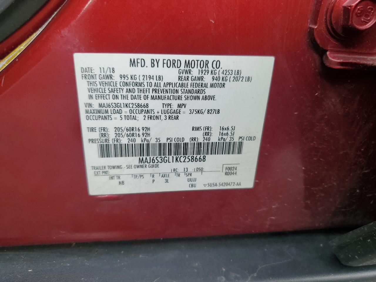 2019 Ford Ecosport Se VIN: MAJ6S3GL1KC258668 Lot: 92585415