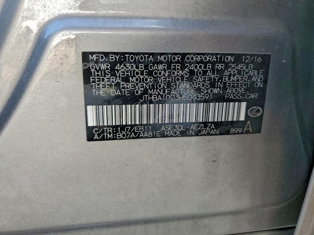 2017 Lexus Is 200T VIN: JTHBA1D23H5043591 Lot: 93433315