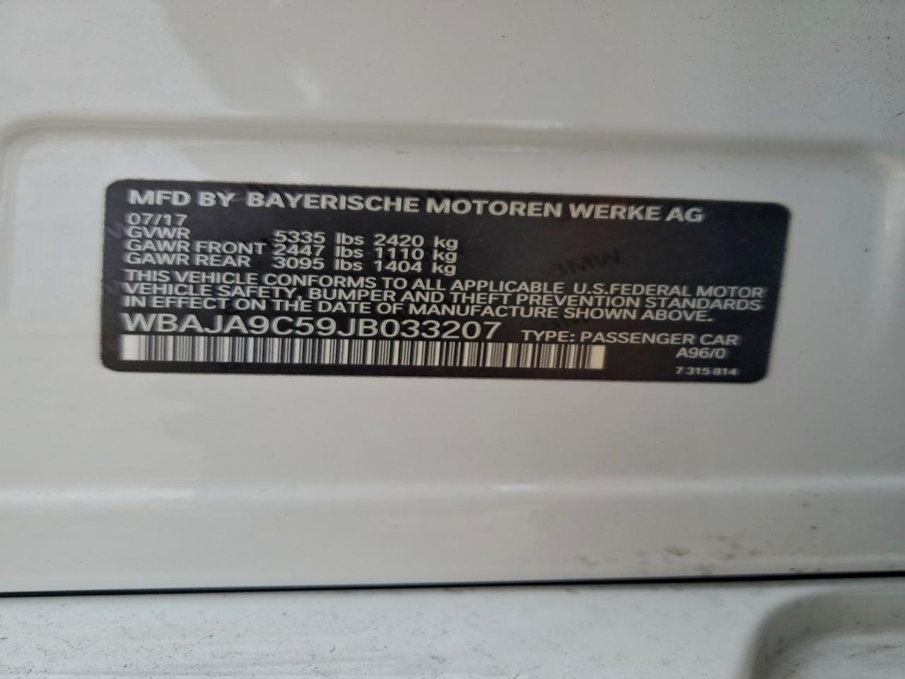 2018 BMW 530E VIN: WBAJA9C59JB033207 Lot: 93885885